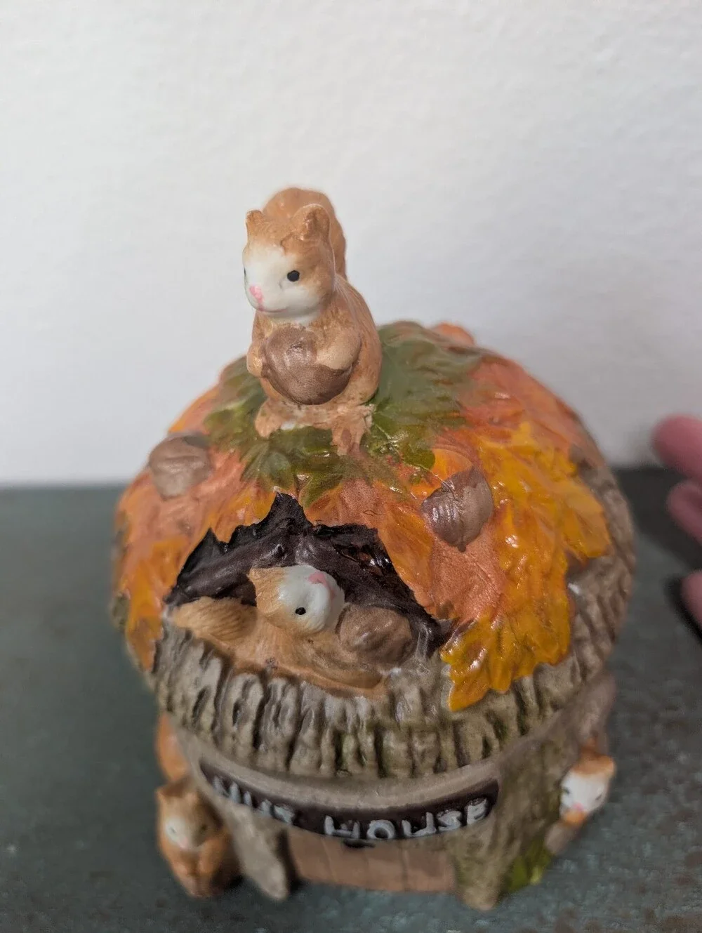 Vintage Ceramic Squirrel NUT HOUSE Candy Nut Canister Jar Tree House CottageCore